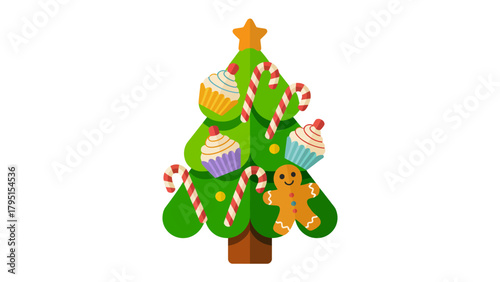 Festive Sweet Delights: A cheerful Christmas tree adorned with delightful cupcakes, sweet candy canes, and a gingerbread man, promising a season of joy.