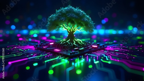 Generative AI illustration of digitally created image of tree with foliage growing from a circuit board illustrating the concept of technology