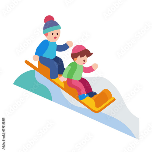 Colorful Vector Icon of Kids Sledding Down a Hill