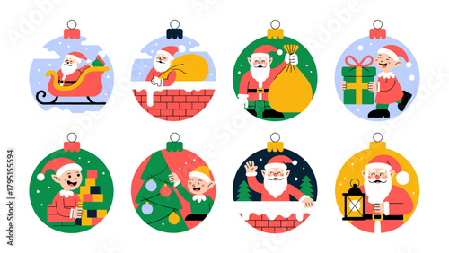 Festive Ornaments of Yuletide Cheer: A vibrant illustration showcasing an array of charming holiday ornaments, each a miniature world of Christmas joy, depicting scenes of Santa, elves.
