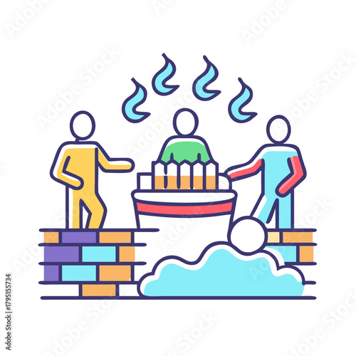 Colorful Vector Icon of People Enjoying Sauna and Steam Bath