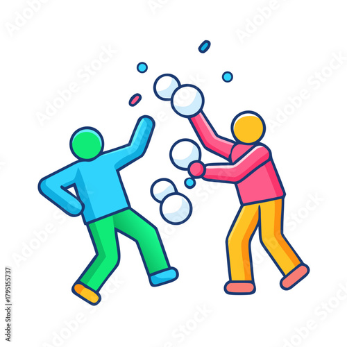 Colorful Vector Icon of People Having a Snowball Fight