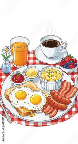 Delicious Breakfast Spread - Eggs, Bacon, and Coffee Delight.