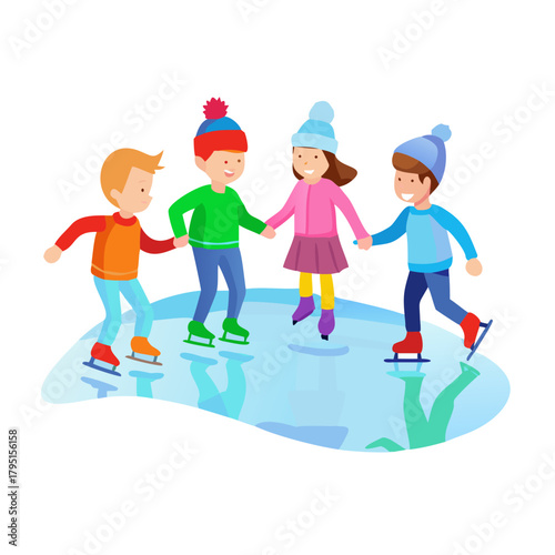 Colorful Vector Icon of Children Ice Skating Outdoors