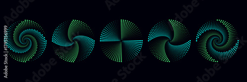 Abstract digital swirl patterns glowing in green and yellow neon light on black background for futuristic design and technology projects