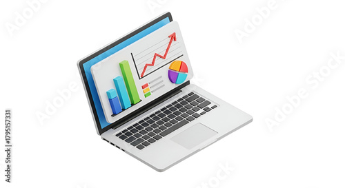 3d icon of isometric laptop displaying financial charts and graph, representing data analysis