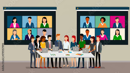 Diverse group of people in a modern conference room participating in a video conference call on large screens