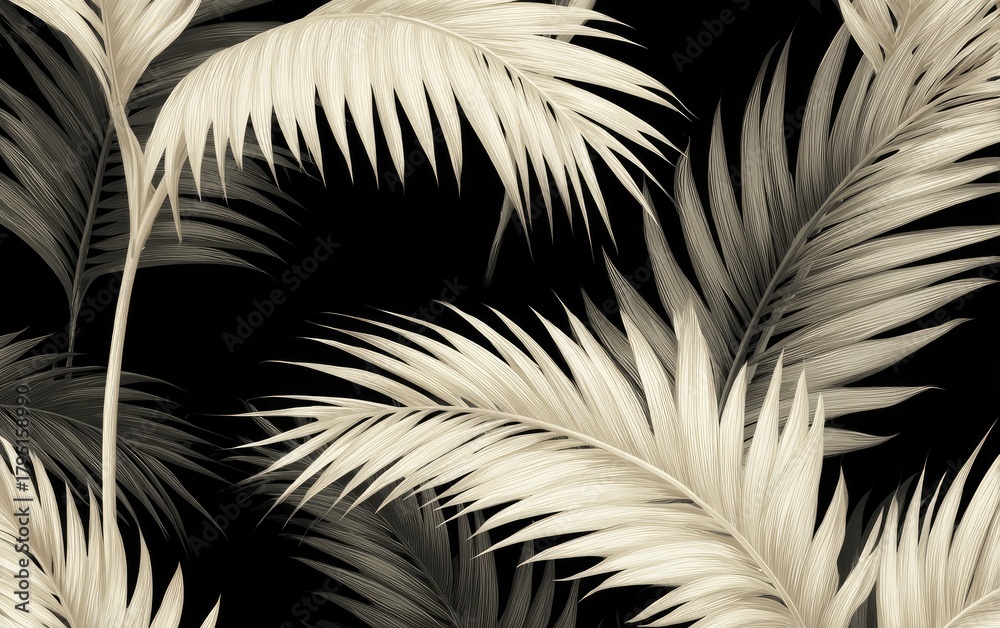 Fototapeta premium A monochromatic artistic depiction of tropical palm fronds against a stark, black background