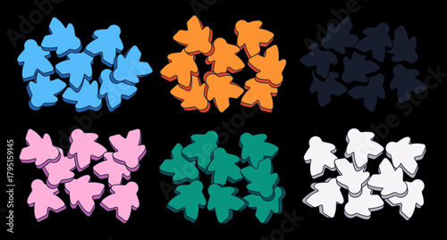 Vector illustration of colorful wooden game pawns lying in a pile. Bright board game pieces with natural wood texture for tabletop, gaming, and entertainment design projects.