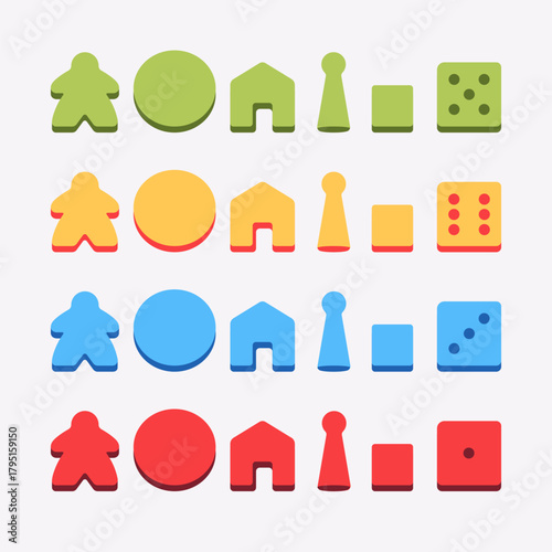 Vector illustration of colorful wooden game figures isolated on white background. Classic board game pawns in vibrant colors for tabletop, gaming, and entertainment design projects.