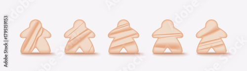 Realistic vector illustration of wooden game pawns with natural wood texture isolated on white background. Classic board game pieces for tabletop and gaming design projects.
