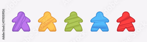 Vector illustration of colorful wooden game figures isolated on white background. Classic board game pawns in vibrant colors for tabletop, gaming, and entertainment design projects.