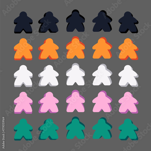 Vector illustration of colorful wooden game figures isolated on white background. Classic board game pawns in vibrant colors for tabletop, gaming, and entertainment design projects.