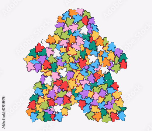 Vector illustration of many small colorful game pawns forming the shape of a large pawn. Creative concept symbolizing unity, community, and board gaming culture.