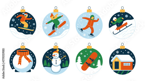 Winter Wonderland Ornaments: A charming collection of winter-themed ornaments, each featuring delightful scenes of winter sports and festive symbols, capturing the joy of the season.