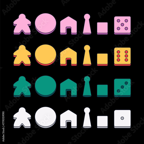 Vector illustration of colorful wooden game figures isolated on white background. Classic board game pawns in vibrant colors for tabletop, gaming, and entertainment design projects.