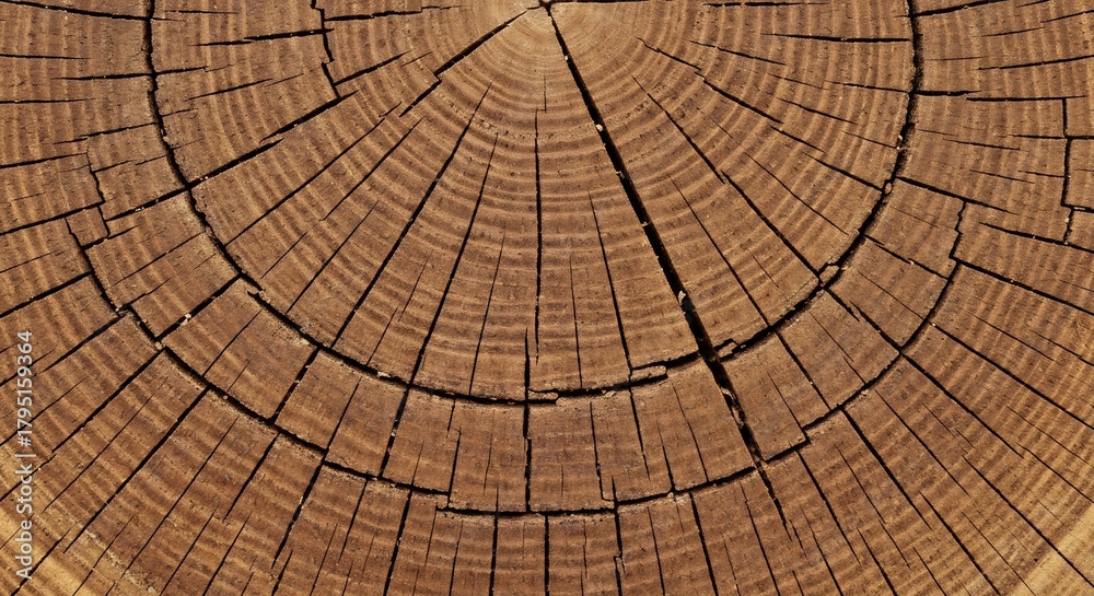 Naklejka premium Closeup of a weathered tree stumps crosssection showcasing concentric growth rings and deep radial cracks