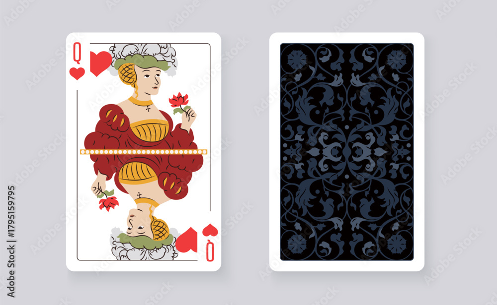 Fototapeta premium Vector illustration of the Queen of Hearts playing card. Elegant and classic design symbolizing royalty, luck, and card games, perfect for casino and entertainment projects.