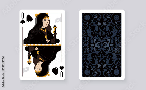 Vector illustration of the Queen of Spades playing card. Elegant and classic design symbolizing royalty, luck, and card games, perfect for casino and entertainment projects.