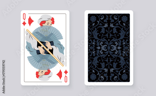 Vector illustration of the Queen of Diamonds playing card. Elegant and classic design symbolizing royalty, luck, and card games, perfect for casino and entertainment projects.