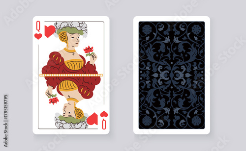 Vector illustration of the Queen of Hearts playing card. Elegant and classic design symbolizing royalty, luck, and card games, perfect for casino and entertainment projects.