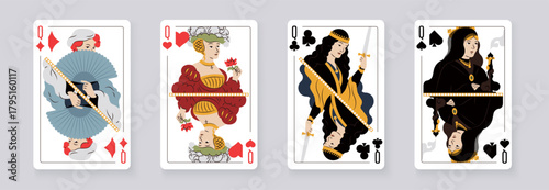 Vector illustration of a set of four Queen playing cards: Clubs, Diamonds, Hearts, Spades. Elegant and classic design for poker, casino, and entertainment projects.