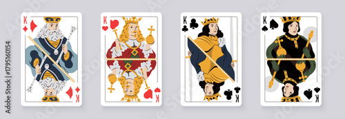 Vector illustration of a set of four King playing cards: Clubs, Diamonds, Hearts, Spades. Elegant and classic design for poker, casino, and entertainment projects.