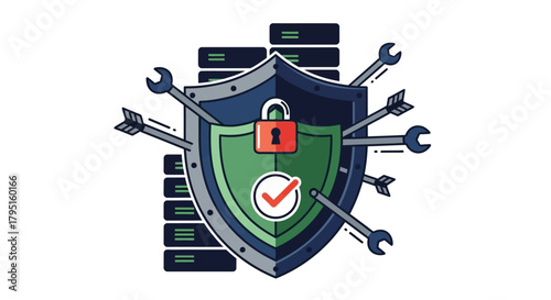 Cybersecurity shield protecting servers from digital threats, representing data security and network protection