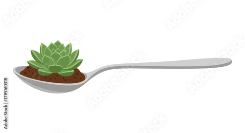 A delicate green succulent sprout, thriving in a miniature garden setting on a polished silver spoon, symbolizing new beginnings, sustainable growth, and nurturing care for tiny plant life