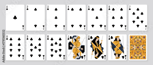 Vector illustration of a Clubs suit card set: Jack, Queen, King, Ace, card back with ornate. Elegant and classic playing cards with decorative pattern for poker, casino, and entertainment projects.