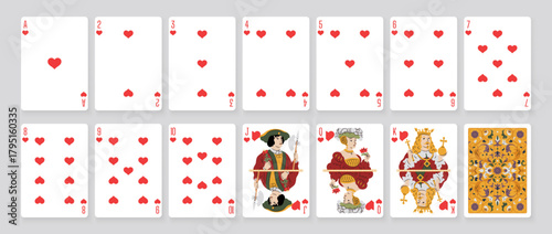 Vector illustration of a Hearts suit card set: Jack, Queen, King, Ace, card back with ornate. Elegant and classic playing cards with decorative pattern for poker, casino, and entertainment projects.