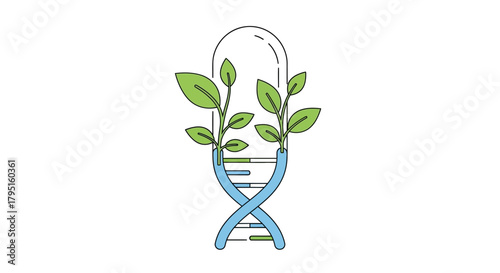 Conceptual icon representing plant science and agricultural biotechnology with a DNA helix sprouting green leaves in a minimalist line art style