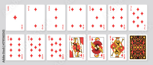 Vector illustration of a Diamonds suit card set: Jack, Queen, King, Ace, card back with ornate. Elegant and classic playing cards with decorative pattern for poker, casino, and entertainment projects.