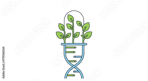 Biotechnology concept with DNA helix and plant growth in laboratory vial, illustrating genetic research and scientific discovery