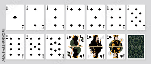Vector illustration of a Spades suit card set: Jack, Queen, King, Ace, card back with ornate. Elegant and classic playing cards with decorative pattern for poker, casino, and entertainment projects.