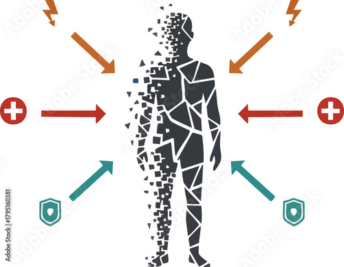 A fragmented human figure transitions from disintegrating pixels to solid form, surrounded by directional health and safety icons