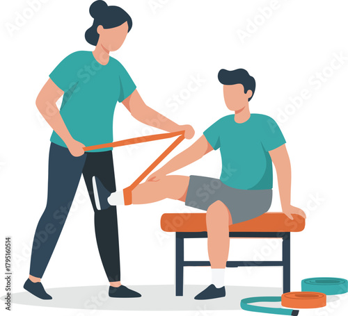 A physical therapist assists a patient with leg exercises using a resistance band on a bench