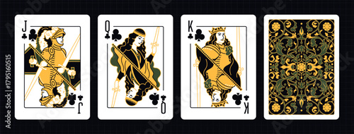 Vector illustration of a Clubs suit card set: Jack, Queen, King, Ace, card back with ornate. Elegant and classic playing cards with decorative pattern for poker, casino, and entertainment projects.