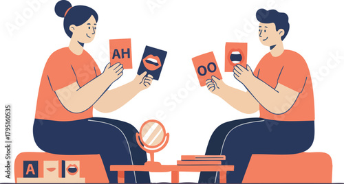 Two people practice speech sounds using flashcards with mouth shapes and letters during a pronunciation session