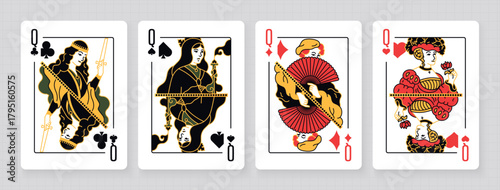 Vector illustration of a set of four Queen playing cards: Clubs, Diamonds, Hearts, Spades. Elegant and classic design for poker, casino, and entertainment projects.