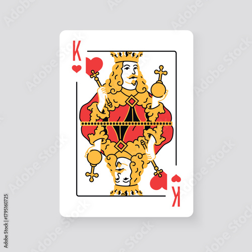 Vector illustration of the King of Hearts playing card. Elegant and classic design symbolizing royalty, power, and card games, perfect for casino and entertainment projects.