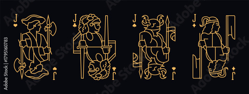 Vector illustration of a set of four Jack playing cards: Clubs, Diamonds, Hearts, Spades. Elegant and classic design for poker, casino, and entertainment projects.
