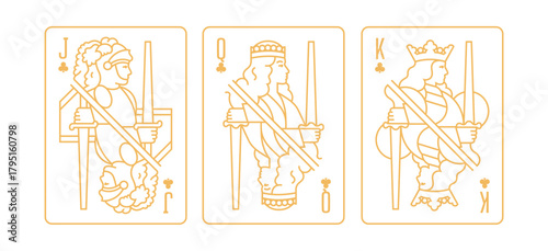 Vector illustration of a Clubs suit playing card set: Jack, Queen, King. Classic and elegant design for poker, casino, and entertainment projects.