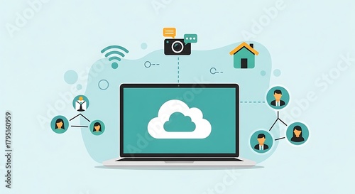 Cloud Computing Network Technology Concept with Laptop and Connected People.