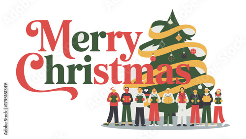 Christmas Carolers: A joyful group of carolers gather, their voices raised in celebration and song. Beside a beautifully adorned tree, filled with ornaments.