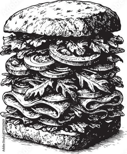 gourmet sandwich with various fresh ingredients white background