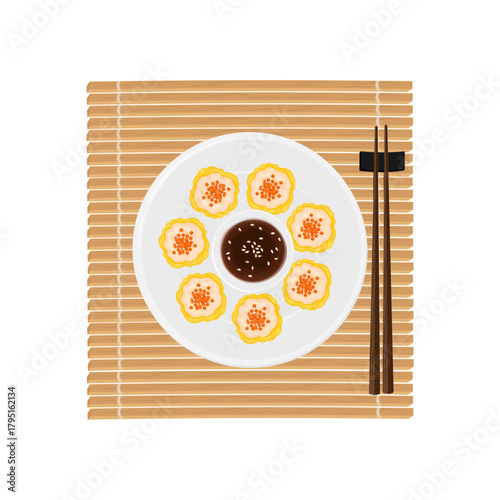 Vector Illustration Logo Clip art Top View Siu mai shumai with Chopstick