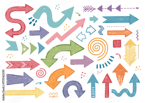 Colorful hand-drawn arrow set in doodle style with various directions and decorative patterns