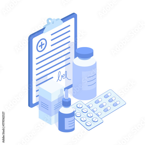 Isometric illustration of doctor prescription with set of medications. Pharmacy purchase concept.
