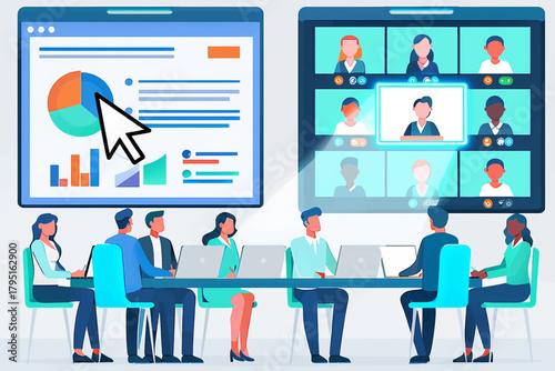 Diverse business team collaborates remotely and in person during a virtual meeting with data presentation